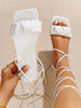 Women's Flat Lace-Up Square Toe Sandals, Vacation Style White Casual Flat Slide Sandals,Spring Summer Outfits