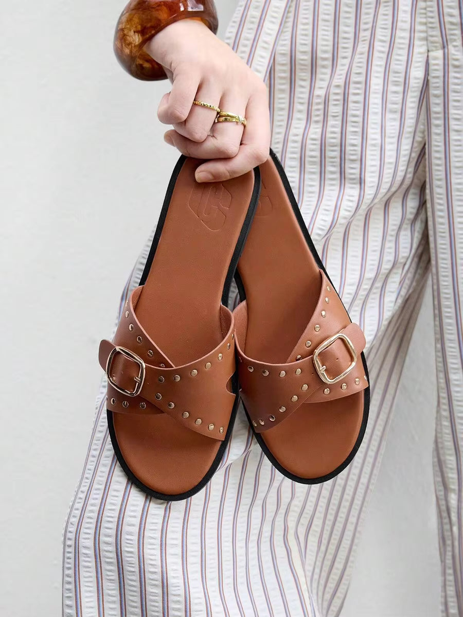 CUCCOO BIZCHIC Ladies Summer Fashion Street Daily Commuter Rivet Decorative Open-Toed Round Toe Flat Sandals